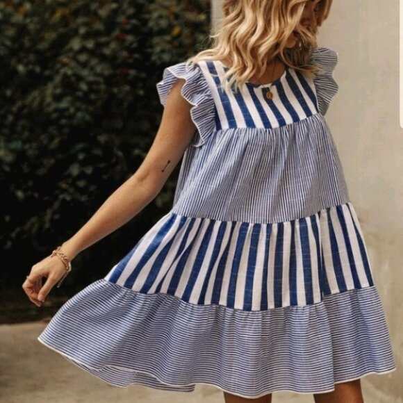 Hampton Vertical Blue Striped Babydoll Dress - Picture 7 of 12